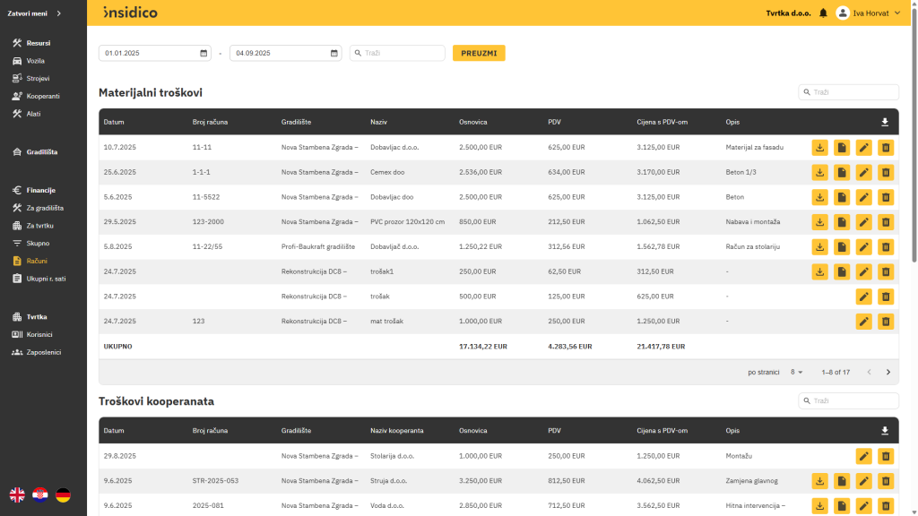Insidico aplikacija modul Računi – materijalni troškovi, troškovi kooperanata i prihodi s mogućnošću preuzimanja PDF-a