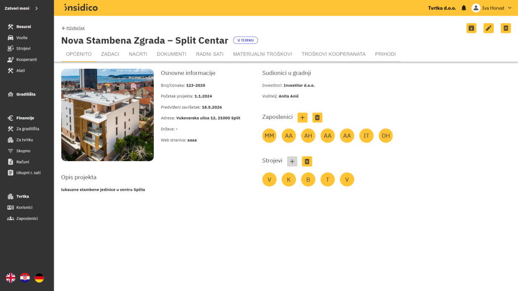 Insidico aplikacija modul Gradilišta osnovne informacije gradilišta s prikazom zaposlenika i strojeva