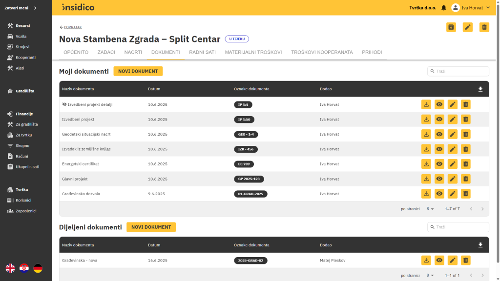 Insidico aplikacija modul Gradilišta dokumentacija i upravljanje dokumentima