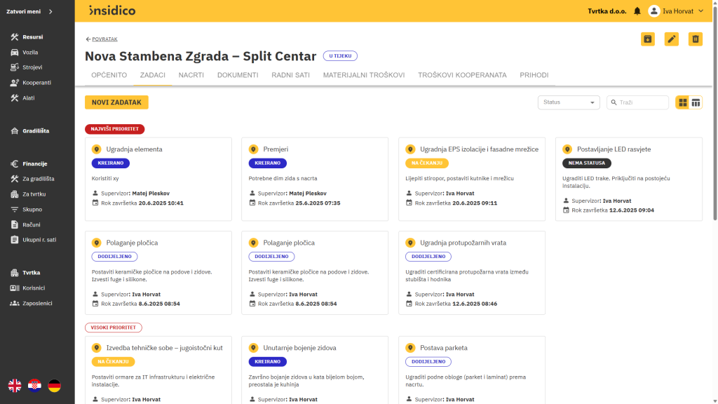 Insidico aplikacija modul Gradilišta, skupni prikaz radnih zadataka unutar gradilišta