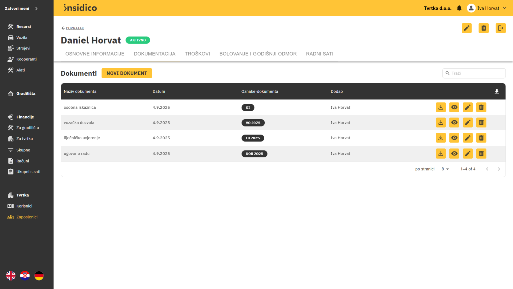 Insidico aplikacija modul Zaposlenici dokumentacija i upravljanje dokumentima