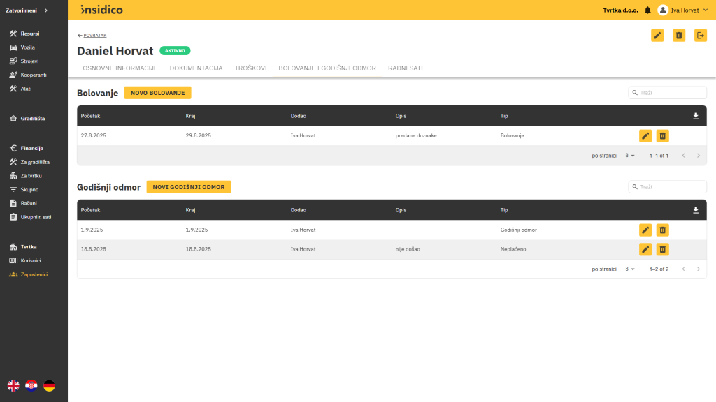 Insidico aplikacija modul Zaposlenici odsustvo zaposlenika (bolovanje, godišnji odmor, plaćeni dopust)
