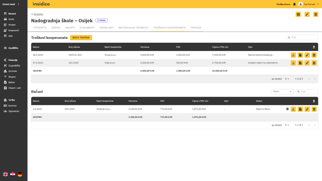 Insidico aplikacija modul Gradilište troškovi kooperanata