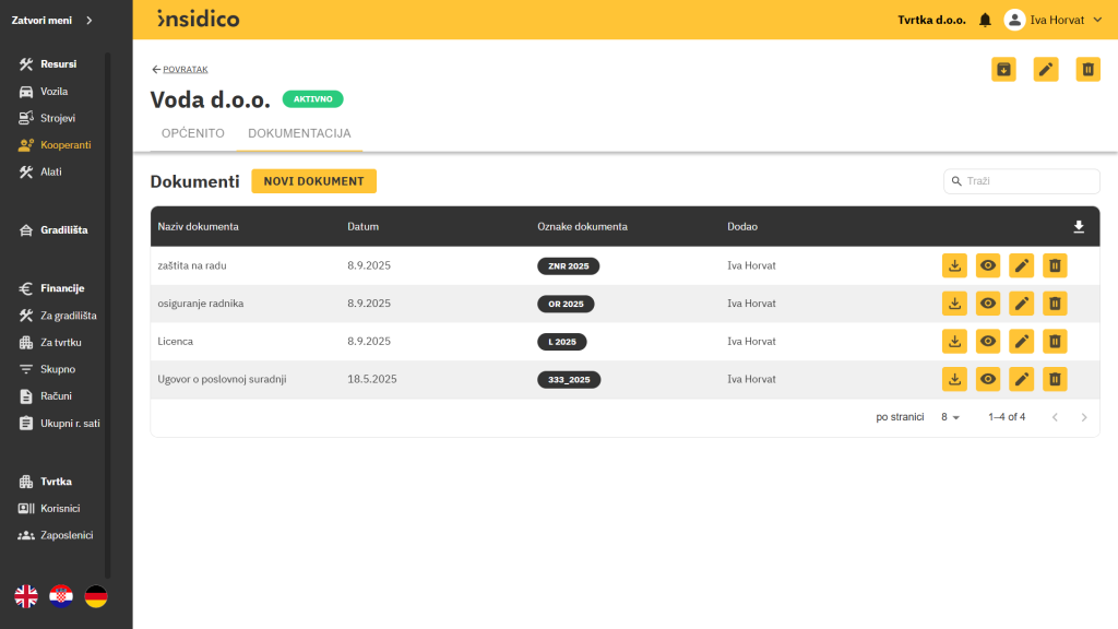 Insidico aplikacija modul Kooperanti dokumentacija i upravljanje dokumentima
