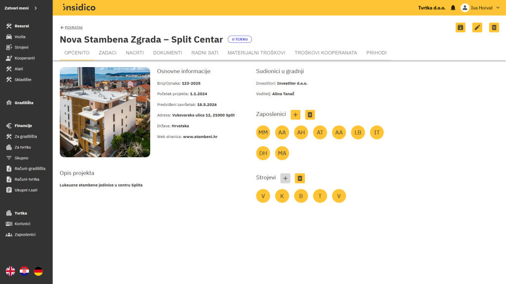 Insidico aplikacija modul Gradilišta osnovne informacije gradilišta s prikazom zaposlenika i strojeva